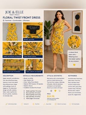 Joe & Elle Yellow Floral Twist-Front Midi Dress